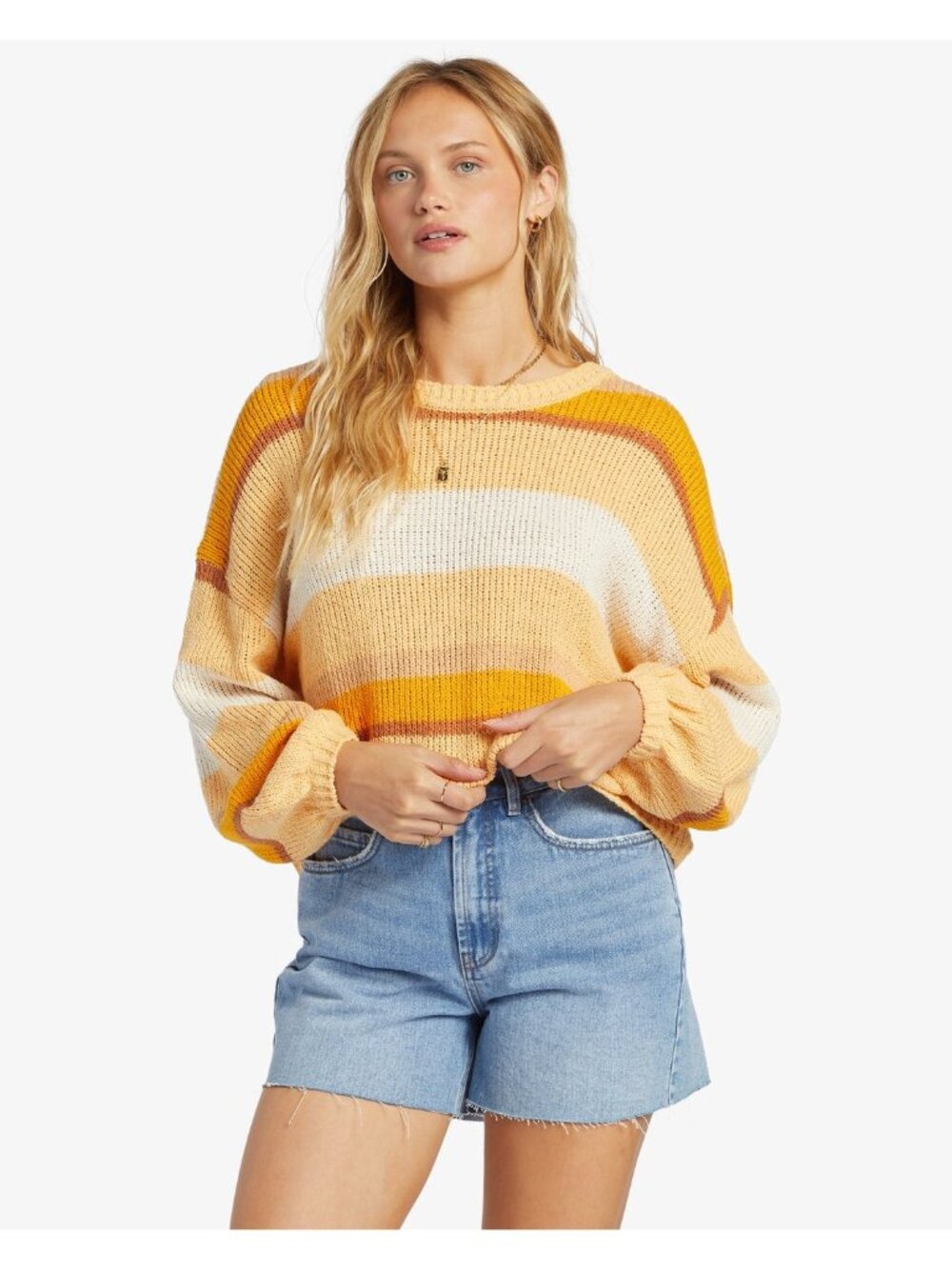 Billabong Sol Time Sweater Medium Striped Crewneck Long Sleeve Boxy Fit Orange